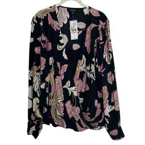Karen Kane Faux Wrap Blouse 2X Black Floral Viscose Lined Shaped Hem Career